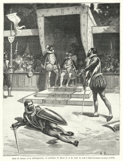 Duel entre Guy Cabot de Jarnac et François de Vivonne, Seigneur de la Châtaigneraie devant le Roi Henri II de France et toute sa cour à Saint-Germain-en-Laye - Fortune Louis Meaulle