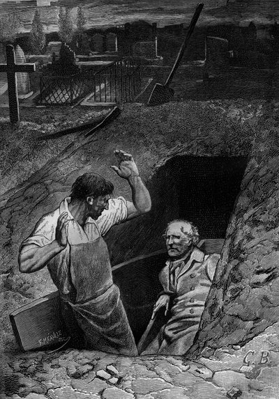 Illustration pour le roman "Les Misérables" de Victor Hugo (2e partie : Cosette), gravure par Meaulle : Fauchelevent et Jean Valjean - Fortune Louis Meaulle