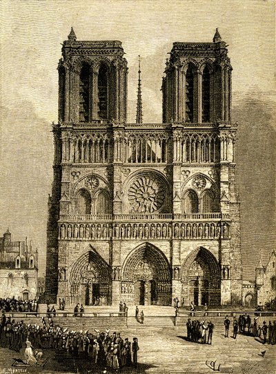 Notre Dame de Paris en 1482 : façade ouest et parvis. Gravure par F. Meaulle, d