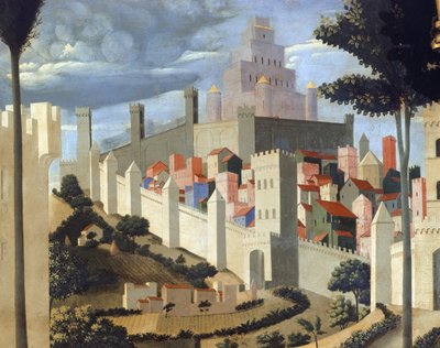 Déposition du Christ (retable de la Sainte Trinité), détail du paysage avec vue de Jérusalem et du temple de Salomon - Fra  Angelico