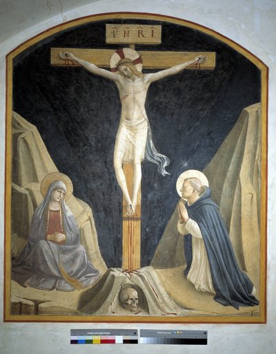 Crucifixion avec la Vierge Marie et Saint Dominique. Inscription "INRI" sur la croix, 1442 - Fra Angelico