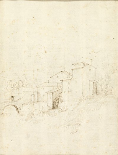 Moulin à eau avec figures sur un pont en arc - Fra Bartolommeo