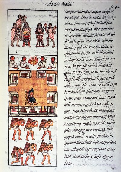 Société aztèque, musiciens, roi et marchands, texte en nahuatl, fac-similé du Codex Florentin - Fra Bernadino da Sahagun
