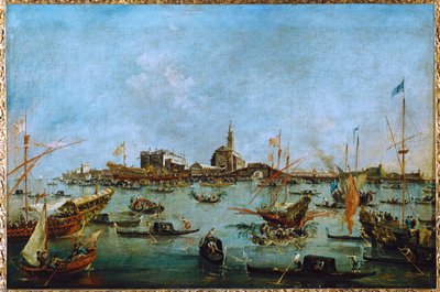 Le Doge, dans sa gondole dorée, le Bucintoro, passe devant San Niccolo del Lido ... - Francesco (circle of) Guardi