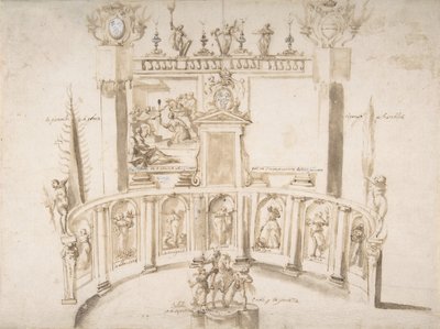 Conception pour une fête de jardin avec un mur semi-circulaire et des statues dans des niches, vers 1635-79 - Francesco Allegrini