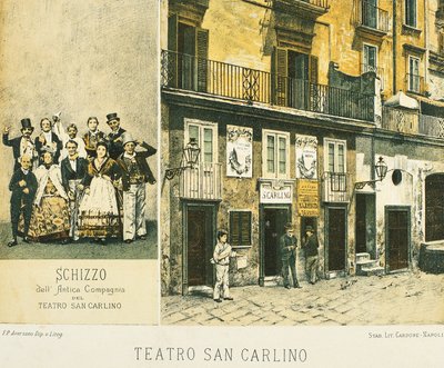 Vue du Théâtre Royal de Saint Charles à Naples, par Francesco Aversano, lithographie tirée de Naples des temps anciens, par Raffaele d