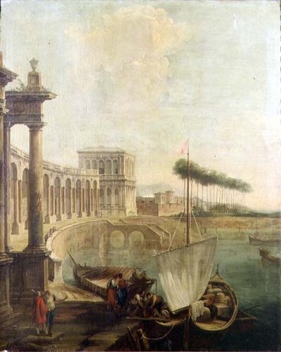 Un capriccio, port avec des figures chargeant un ferry - Francesco Battaglioli