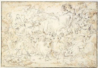 Bergers avec chèvres, moutons, une vache et un chien de berger - Francesco Castiglione