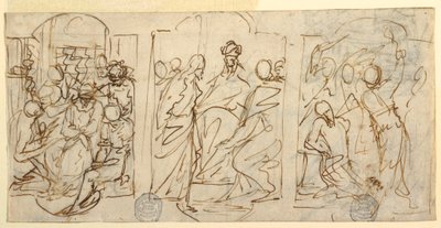Dessin, Trois étapes de la Passion : La moquerie, Le Christ devant Pilate, La Flagellation, vers 1848 - Francesco Coghetti