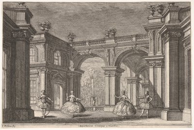 Deux dames et deux messieurs dansant dans un cadre architectural orné, une fontaine en arrière-plan, 1765 - Francesco Galli Bibiena