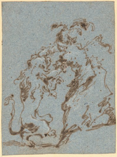 Une femme élégamment vêtue luttant avec un lion - Francesco Guardi