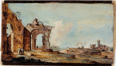 Caprice, avec arche en ruine et maisons de pêcheurs - Francesco Guardi