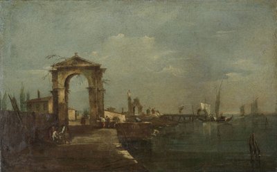 Paysage avec un quai et des navires sur un lac - Francesco Guardi