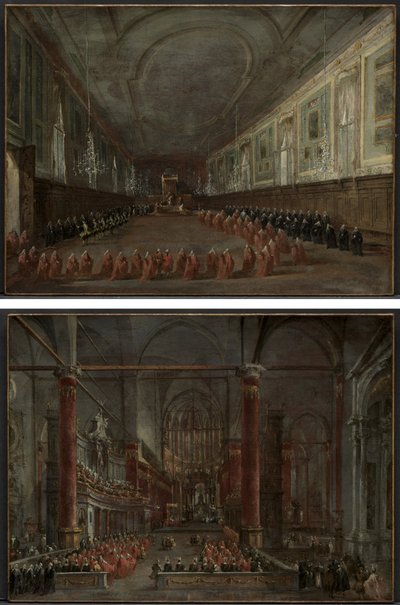Le pape Pie VI descendant du trône pour prendre congé du doge dans la salle des SS. Giovanni e Paolo, 1782 et cérémonie pontificale dans SS. Giovanni e Paolo, Venise, 1782 (paire) - Francesco Guardi
