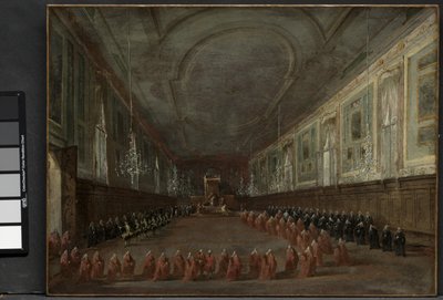 Le pape Pie VI descendant du trône pour prendre congé du doge dans la salle des SS. Giovanni e Paolo, 1782 et cérémonie pontificale dans les SS. Giovanni e Paolo, Venise, 1782, vers 1783 - Francesco Guardi