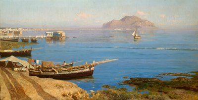Marina avec bateau et pêcheurs, par Francesco Lojacono - Francesco Lojacono