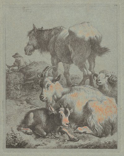 Cheval, bélier, chèvre avec chevreau; au loin un berger avec troupeau - Francesco Londonio
