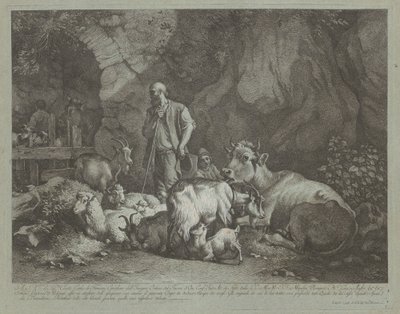 Vieux berger chauve, garçon berger assis et troupeau - Francesco Londonio