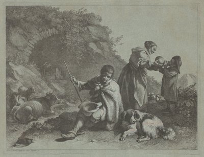 Berger assis et femme donnant à boire à un enfant - Francesco Londonio