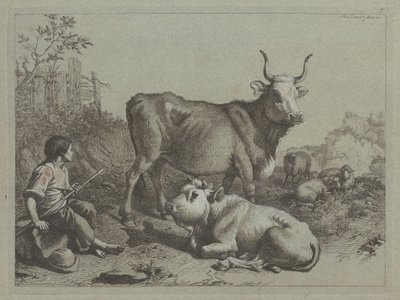 Berger assis avec un taureau et un bouvillon, 1763 - Francesco Londonio