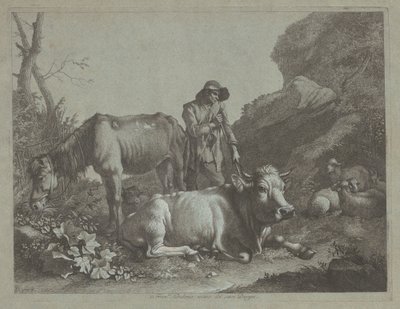 Berger se Reposant sur un Bâton avec un Vieux Cheval et un Taureau Allongé - Francesco Londonio