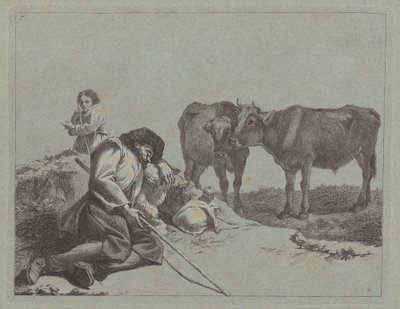 Berger endormi, deux veaux et une paysanne - Francesco Londonio