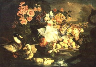 Nature Morte de Fruits et Fleurs avec Canard, Canard et Canetons - Francesco Morosini