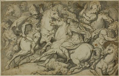 Escarmouche de cavalerie (recto) ; Ecorché agenouillé (verso) - Francesco Salviati