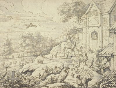 Cour de ferme, avec figures et paysage en arrière-plan - Francis Barlow