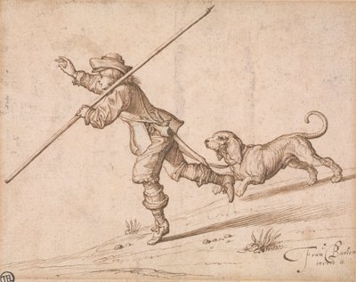 Homme chassant avec un bâton pointu et un chien - Francis Barlow