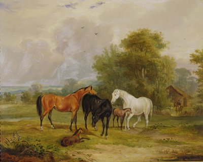 Chevaux paissant : juments et poulains dans un champ - Francis Calcraft Turner
