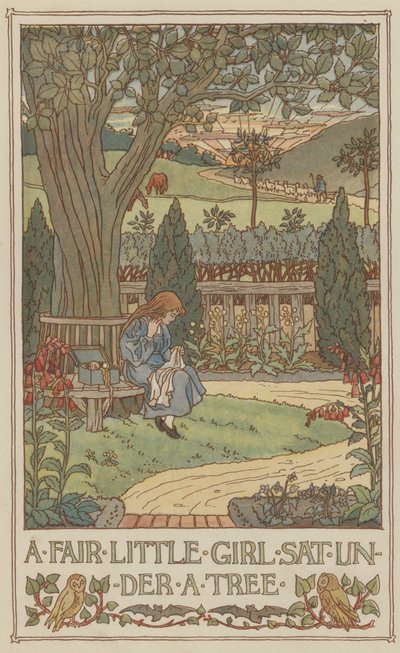 Une belle petite fille assise sous un arbre (lithographie couleur) - Francis Donkin Bedford