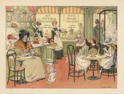 Clients victoriens dans un salon de thé et confiseurs. Chromolithographie d