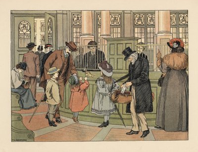 Famille victorienne dans une banque retirant de l