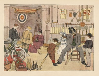 Père victorien et enfants achetant des battes de cricket dans un magasin de sport. Un golfeur à quatre pattes en compagnie d