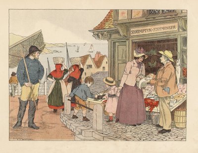 Poissonnerie victorienne près du front de mer. Pêcheur en bottes avec un filet et femmes-poissons avec des baskets. Chromolithographie d