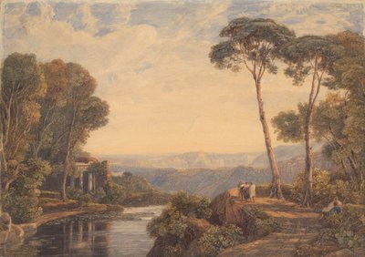 Paysage avec un temple et des figures près d