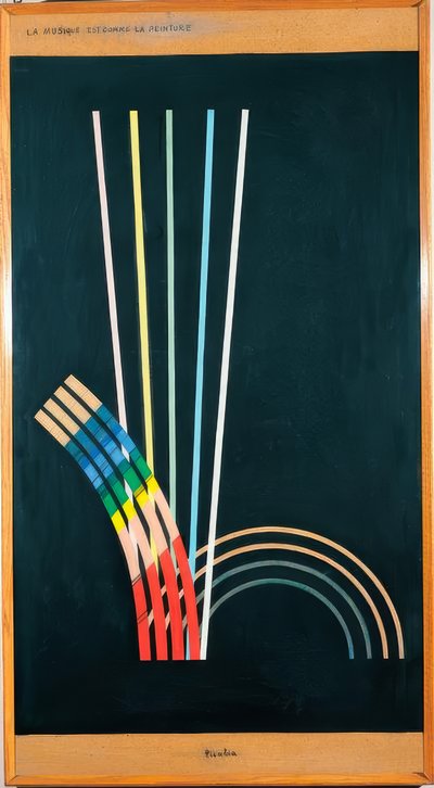 Tout le monde. Couleurs noires, lignes blanches, rouges, bleues, jaunes, courbes, lignes droites, arcs. - Francis Picabia