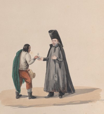 Un chanoine remettant un crucifix à un homme, d