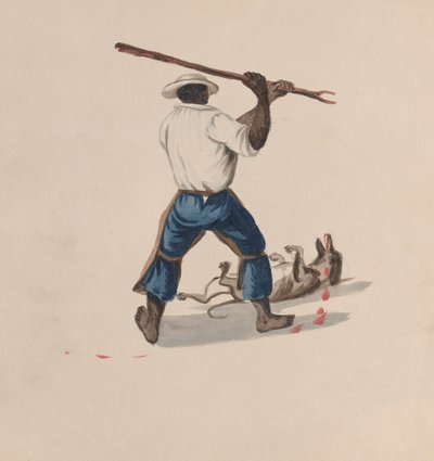 Un homme vu de dos battant un chien avec un bâton, d