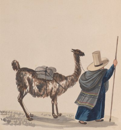 Une femme marchant avec un lama, d