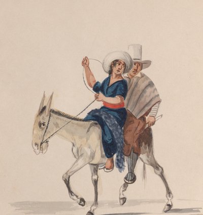 Un homme et une femme indiens montant un âne, d