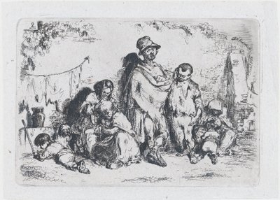 Planche 2 : un groupe de personnes dans la rue, peut-être des mendiants, de la série des coutumes - Francisco Lameyer Berenguer