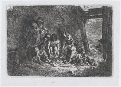 Planche 8 : un groupe de personnages dont certains jouent à un jeu, de la série des coutumes - Francisco Lameyer Berenguer