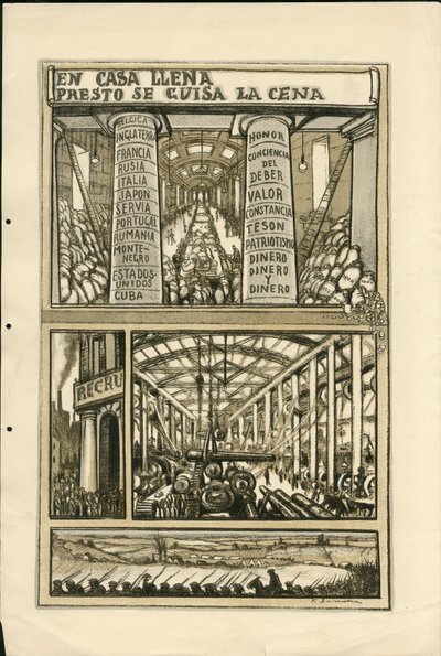 Illustration de Francisco Sancha Lengo - Feuille volante, vers 1915 - En casa llena presto se guisa la cena - Guerre de 14-18, Canons, obus, Usines industrielles, Langue espagnole, Mobilisation, Presse étrangère - Francisco Sancha y Lengo