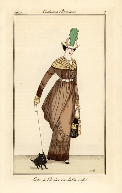 Femme en robe panier en satin couleur café avec chien de compagnie, gravure du Journal des Dames et des Modes de Tommaso Antongini, Aux Bureaux du Journal des Dames, Paris - Francesc Xavier Gosé