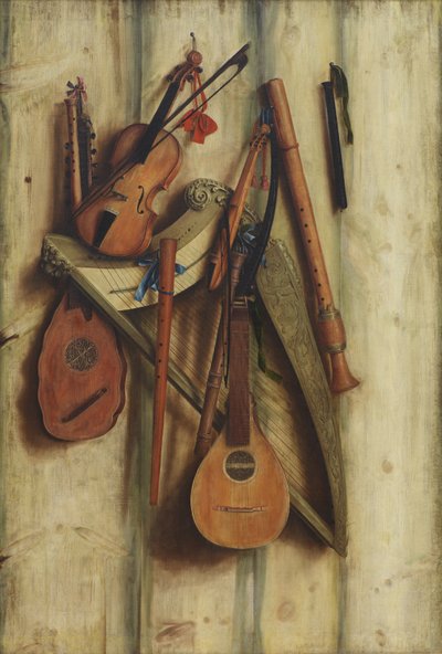 Partition de planche avec instruments de musique. Trompe-l