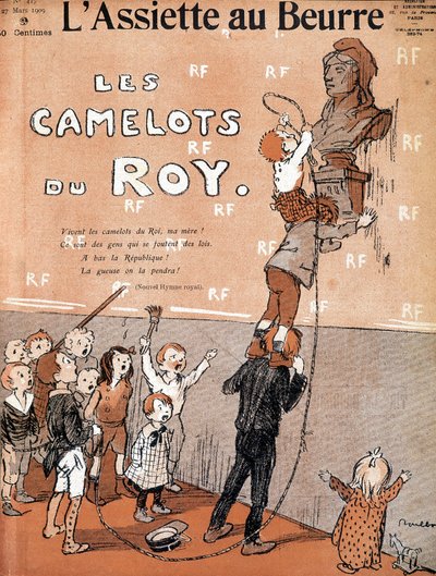 Des enfants détrônent un buste de Marianne en chantant une chanson ironique en faveur du Groupement tactique royaliste. Illustration de Francisque Poulbot (1879-1946) Dans "l