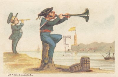 E (lettre représentée par un marin breton assis sur une bitte d