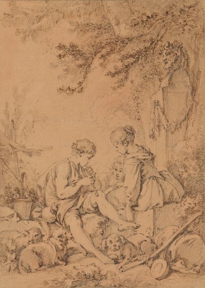 Un jeune berger jouant de la flûte pour deux jeunes bergères - François Boucher